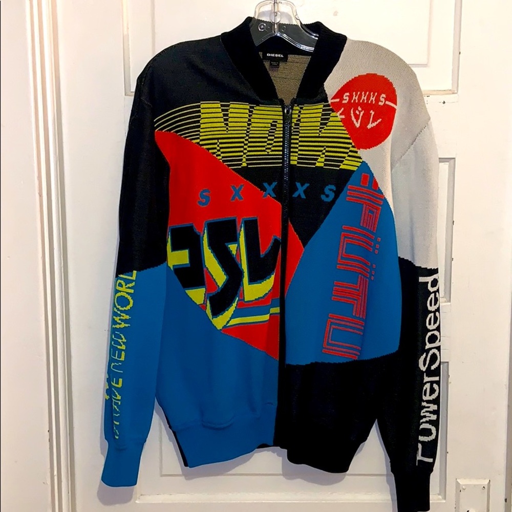 Diesel Zip Up Graphic Knit Sweater sz L